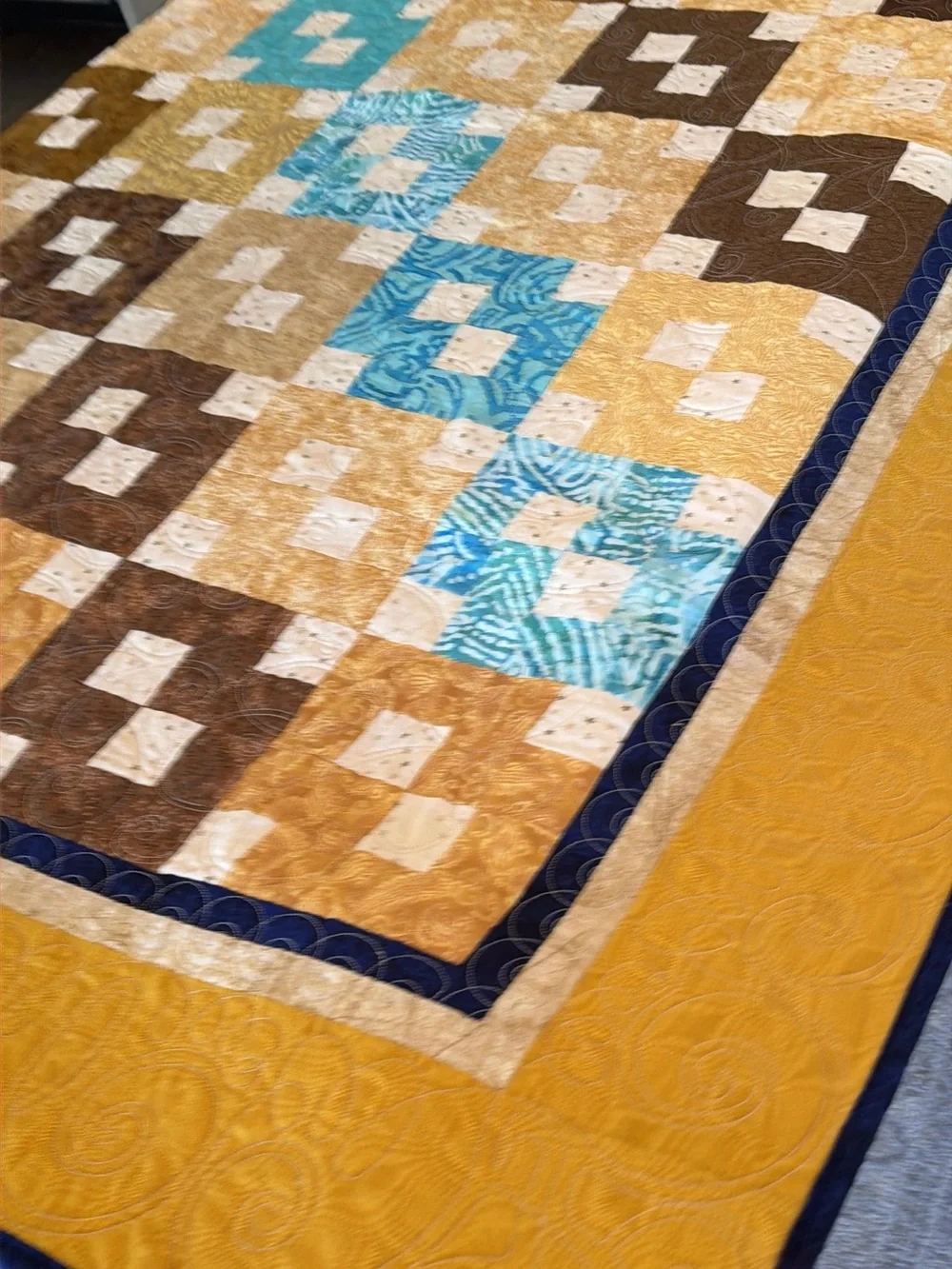 Vintage Patchwork Quilt in Mustard, Brown & Teal Accents